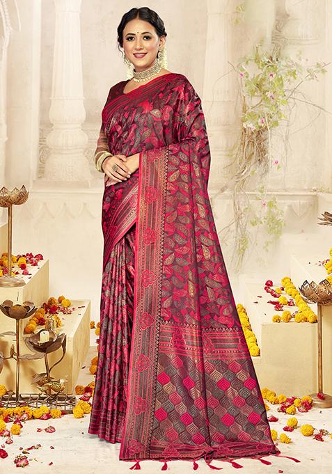 Rani Pink Jacquard Satin Silk Saree Set