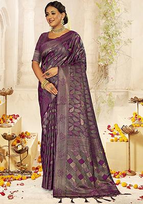 Lavender Jacquard Satin Silk Saree Set