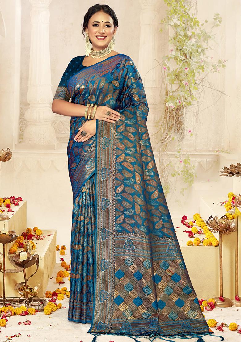 Blue Jacquard Satin Silk Saree Set