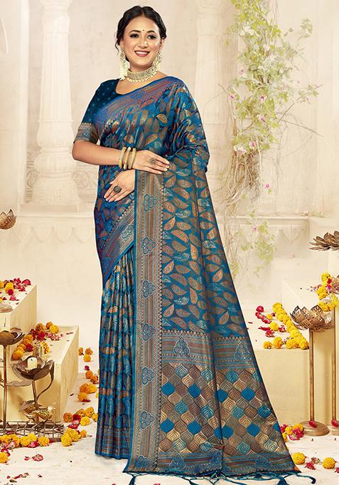 Blue Jacquard Satin Silk Saree Set