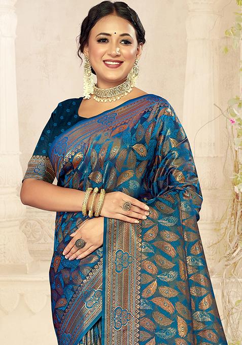 Blue Jacquard Satin Silk Saree Set