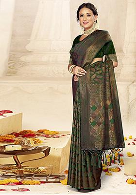Bottle Green Jacquard Satin Silk Saree Set