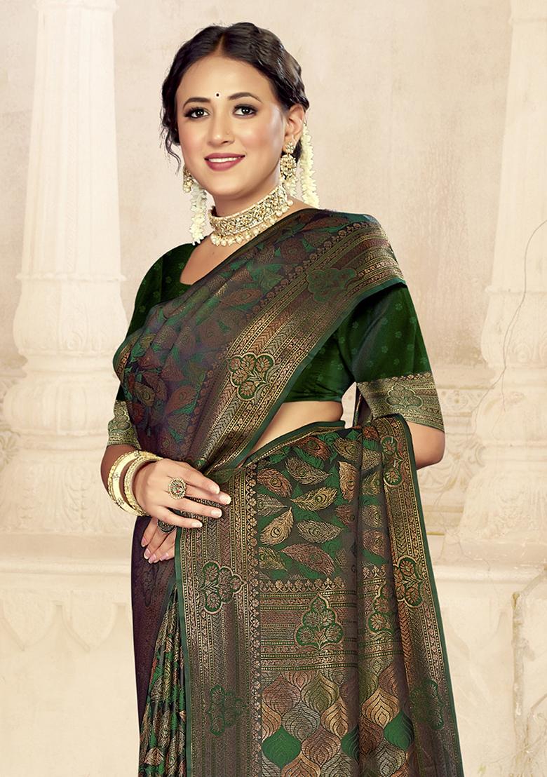 Bottle Green Jacquard Satin Silk Saree Set - Indya