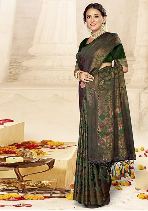 Bottle Green Jacquard Satin Silk Saree Set