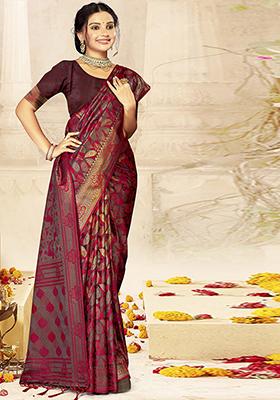 Purple Jacquard Satin Silk Saree Set