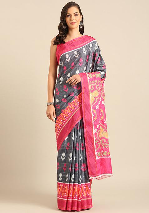 Grey Jacquard Cotton Saree Set