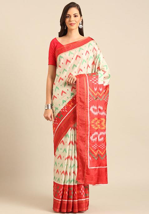 Cream Jacquard Cotton Saree Set