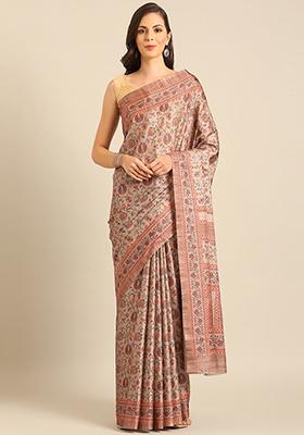 Khaki Brown Jacquard Cotton Saree Set