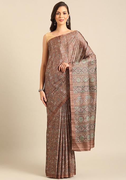 Brown Jacquard Cotton Saree Set