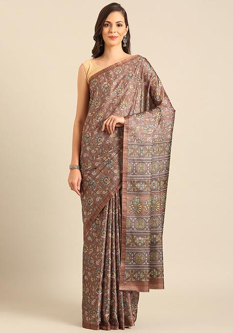 Brown Jacquard Cotton Saree Set