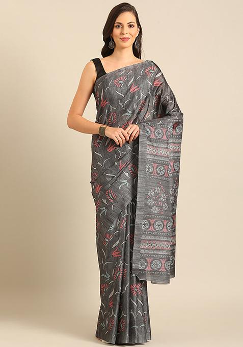 Grey Jacquard Cotton Saree Set