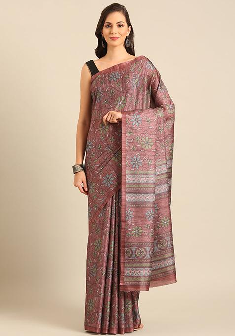 Burgundy Jacquard Cotton Saree Set