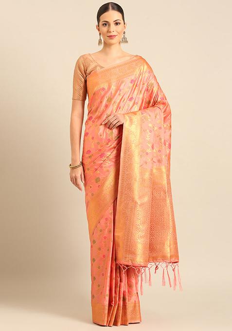 Pink Jacquard Banarasi Silk Saree Set