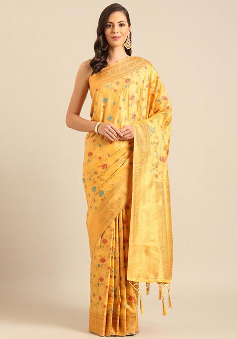 Mustard Jacquard Banarasi Silk Saree Set