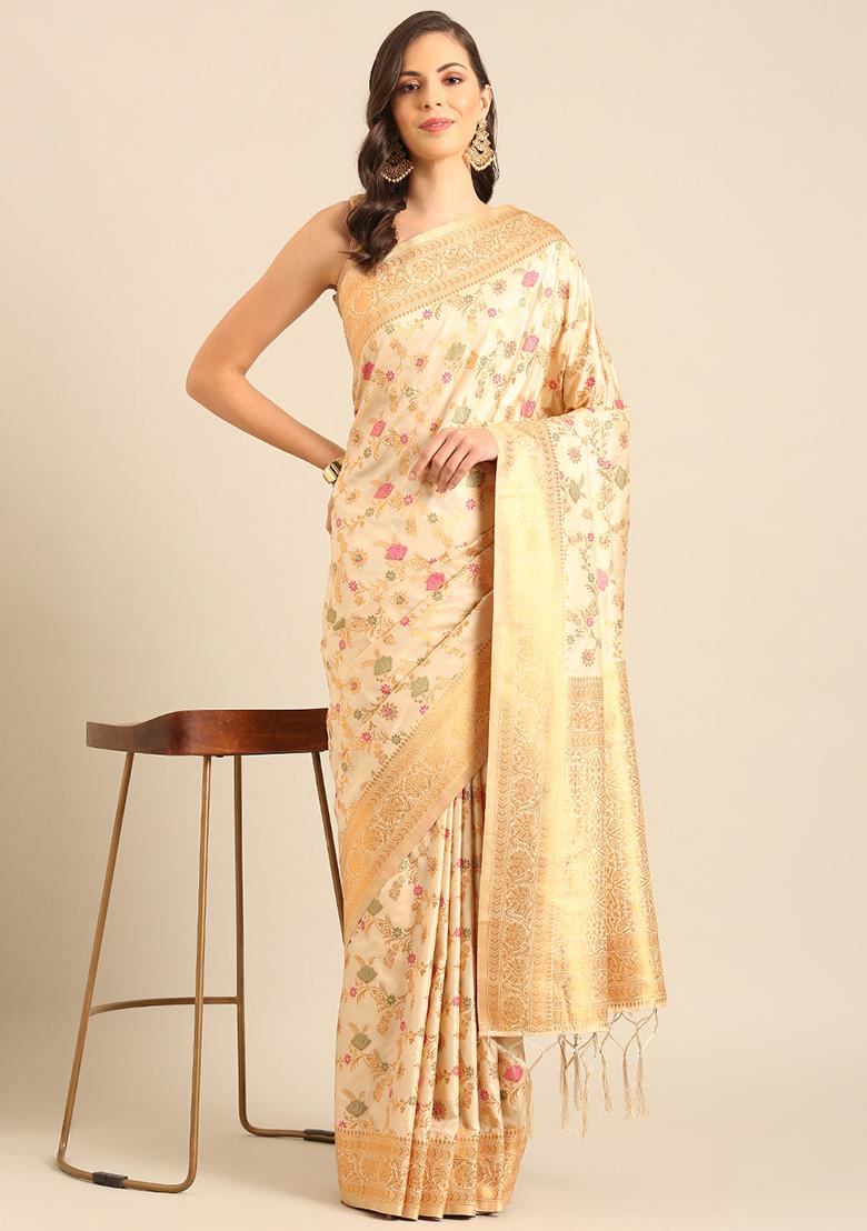 Cream Jacquard Banarasi Silk Saree Set