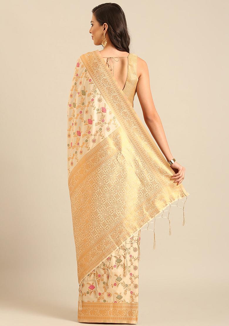 Cream Jacquard Banarasi Silk Saree Set
