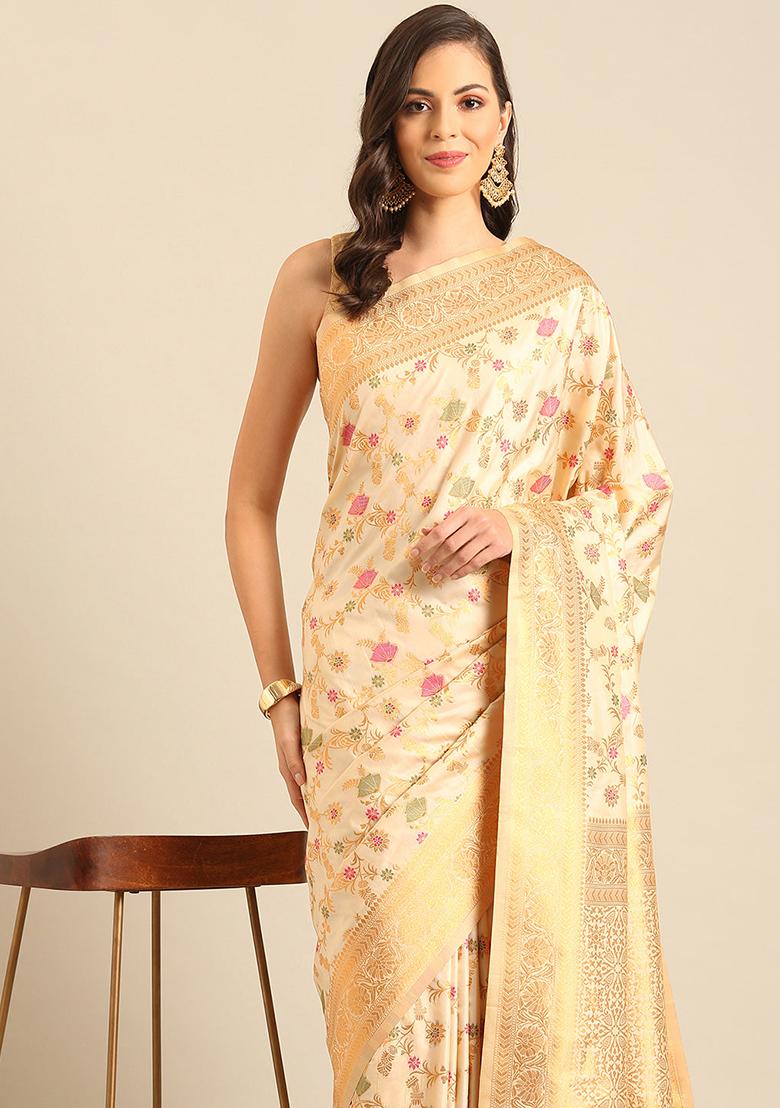 Cream Jacquard Banarasi Silk Saree Set