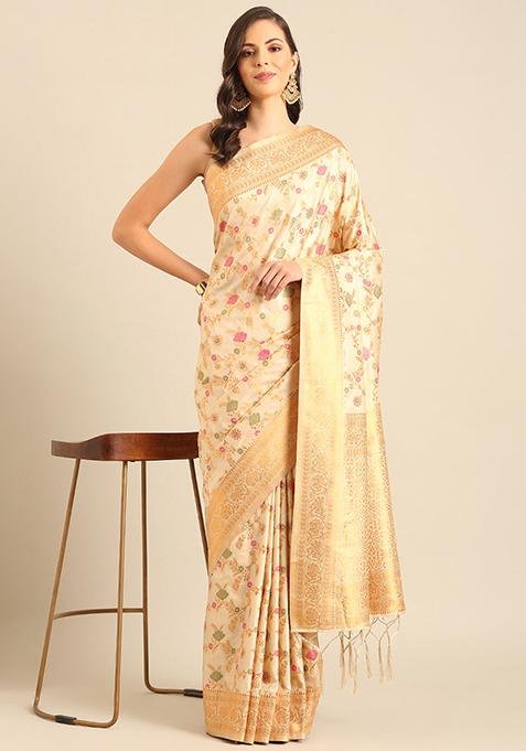 Cream Jacquard Banarasi Silk Saree Set