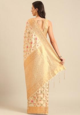 Cream Jacquard Banarasi Silk Saree Set