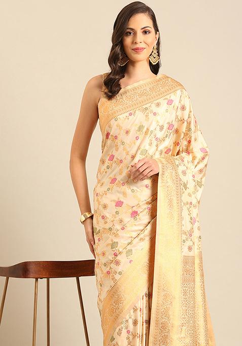 Cream Jacquard Banarasi Silk Saree Set