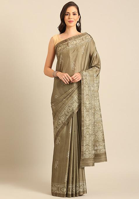 Olive Green Jacquard Cotton Saree Set