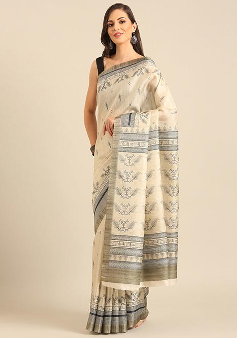 Cream Jacquard Cotton Saree Set