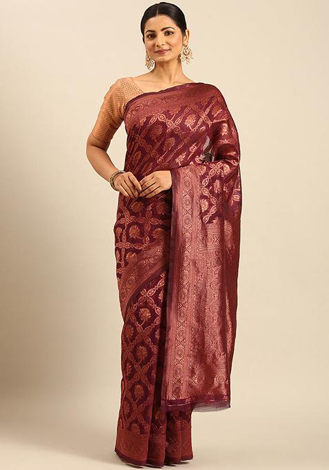 Wine Jacquard Cotton Saree Set