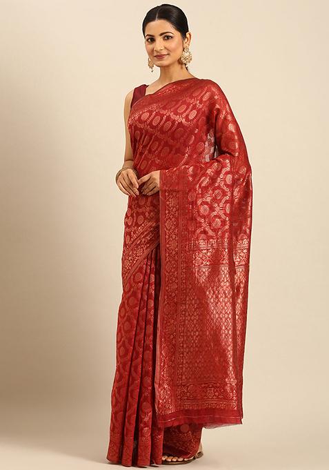 Red Jacquard Cotton Saree Set