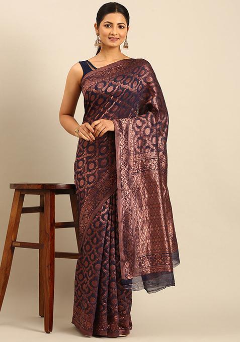 Navy Blue Embellished Cotton Saree Set