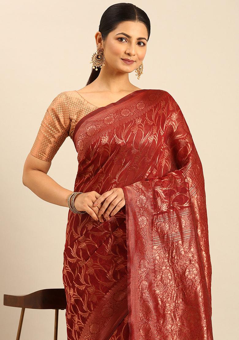 Red Embellished Cotton Saree Set
