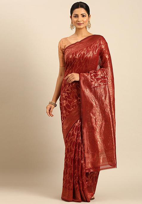 Red Embellished Cotton Saree Set