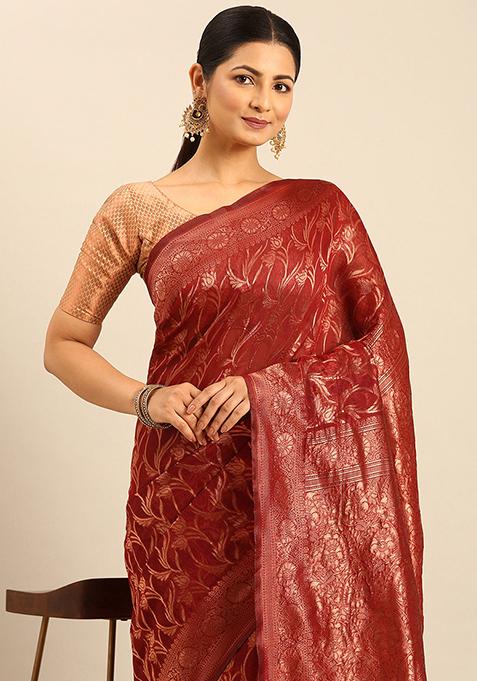 Red Embellished Cotton Saree Set
