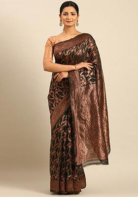 Bottle Green Embellished Cotton Saree Set