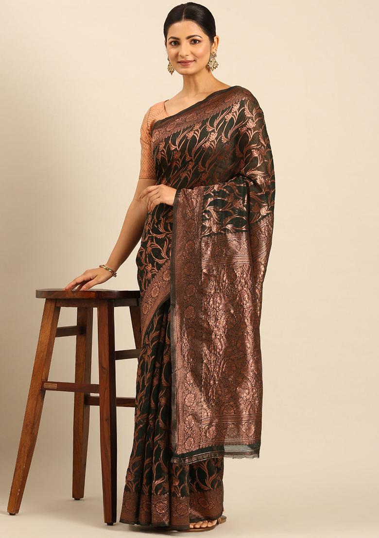 Bottle Green Embellished Cotton Saree Set