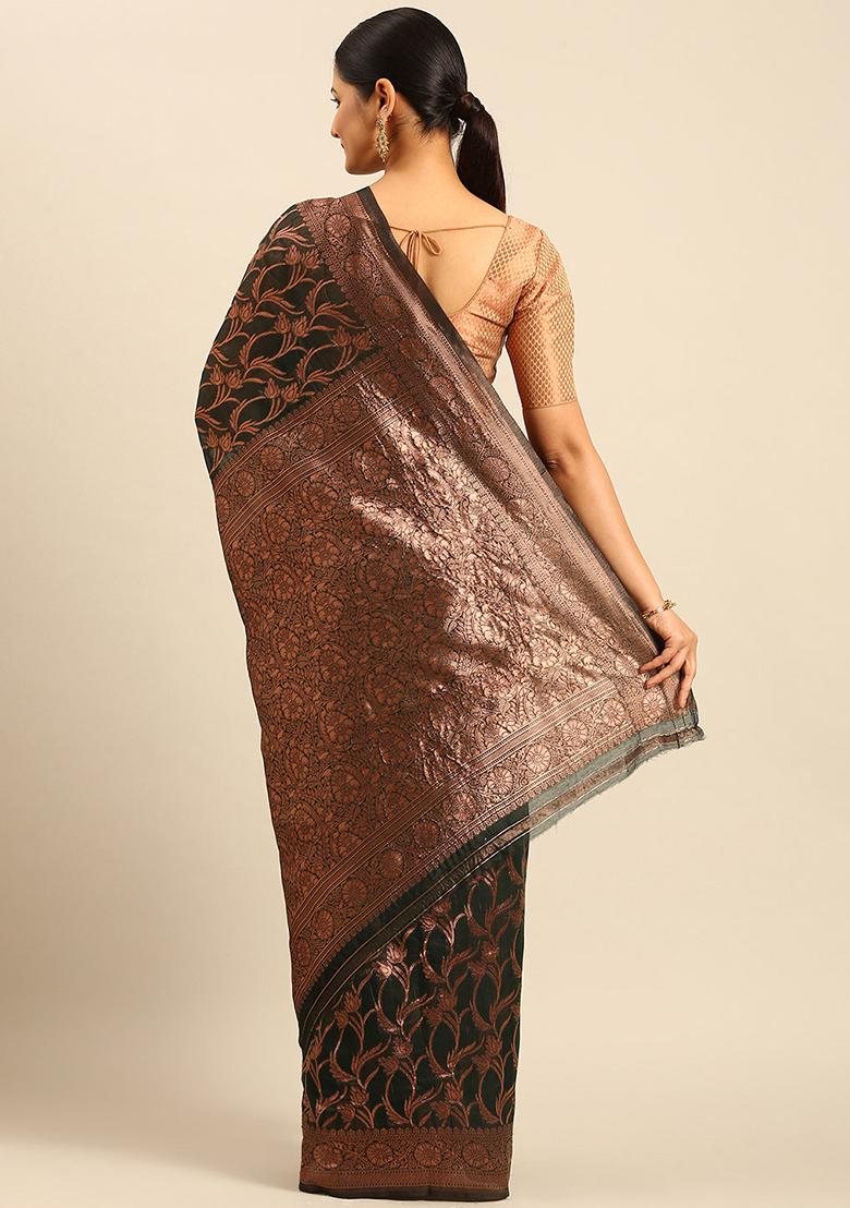 Bottle Green Embellished Cotton Saree Set