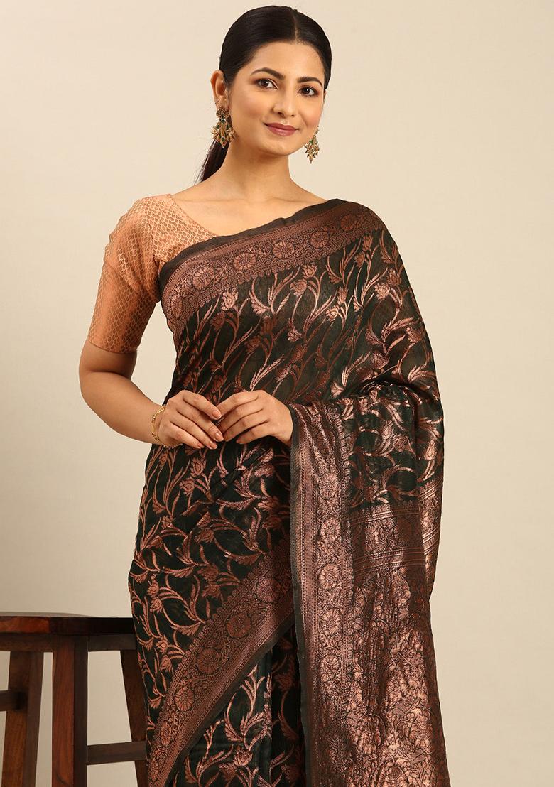 Bottle Green Embellished Cotton Saree Set