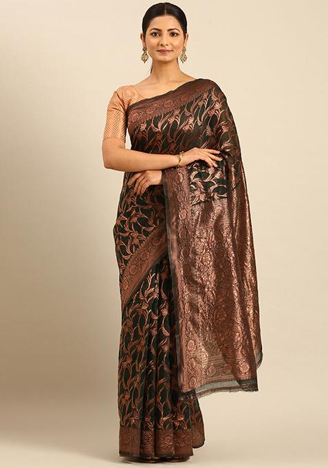 Bottle Green Embellished Cotton Saree Set