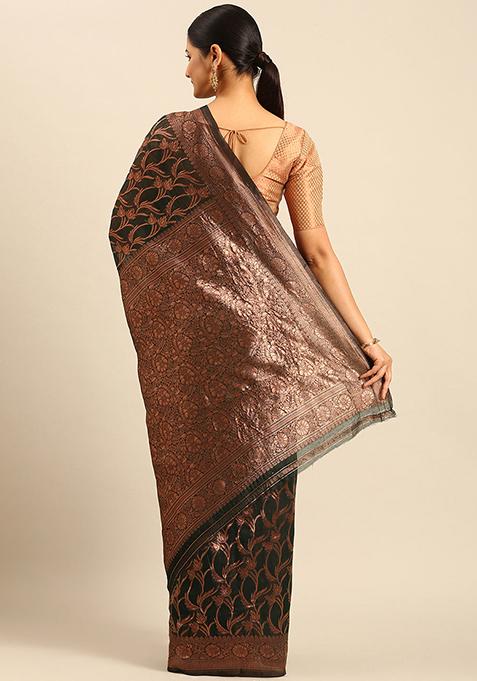 Bottle Green Embellished Cotton Saree Set