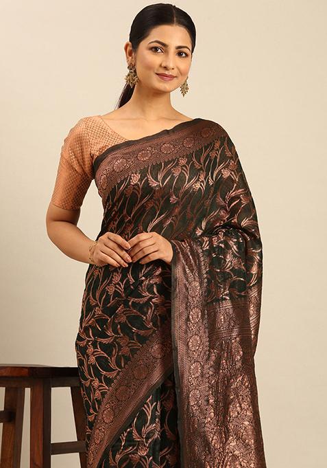 Bottle Green Embellished Cotton Saree Set