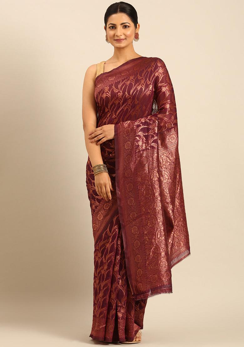 Purple Embellished Cotton Saree Set