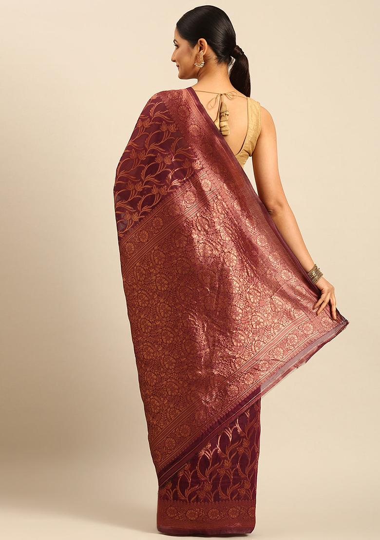 Purple Embellished Cotton Saree Set