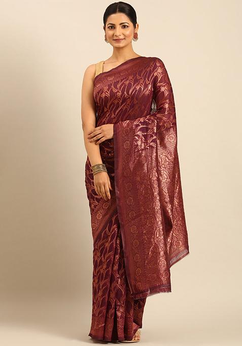 Purple Embellished Cotton Saree Set