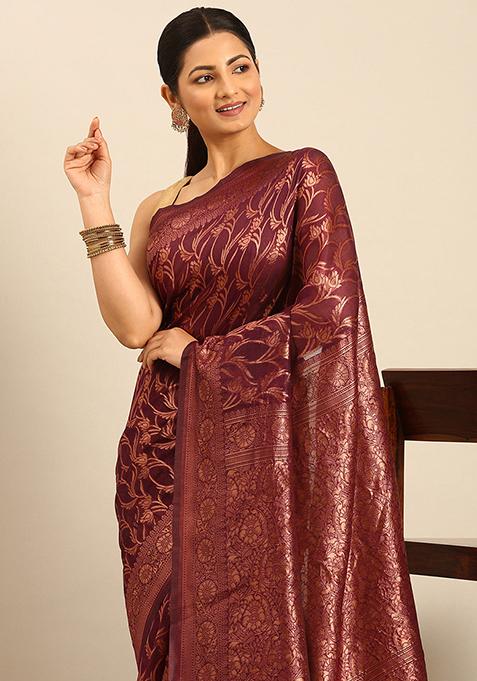 Purple Embellished Cotton Saree Set