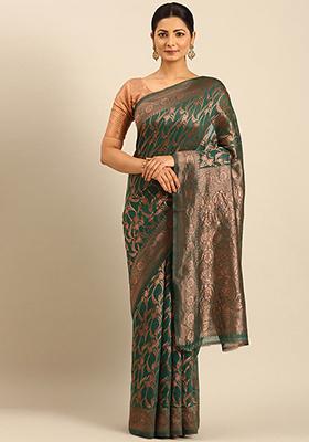 Green Embellished Cotton Saree Set