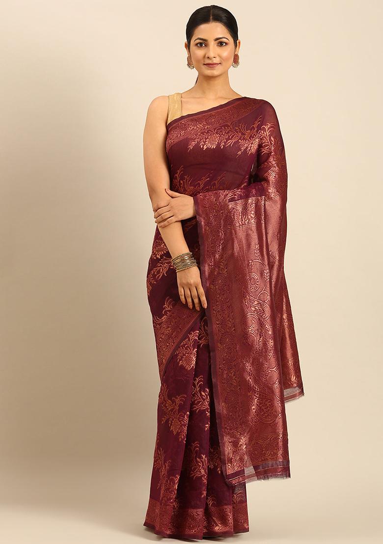 Purple Embellished Cotton Saree Set