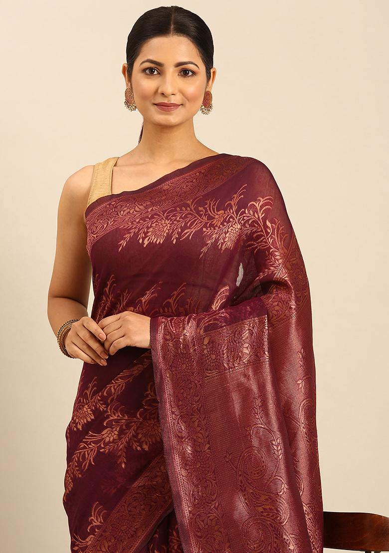 Purple Embellished Cotton Saree Set