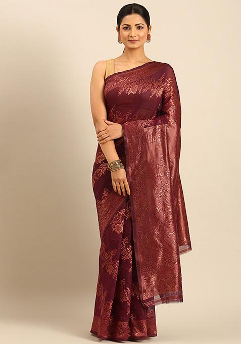 Purple Embellished Cotton Saree Set