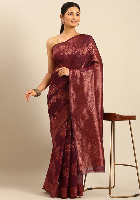 Purple Embellished Cotton Saree Set