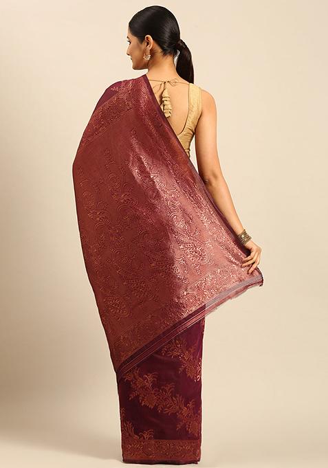 Purple Embellished Cotton Saree Set