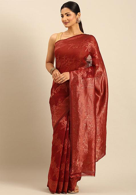 Red Printed Cotton Saree Set